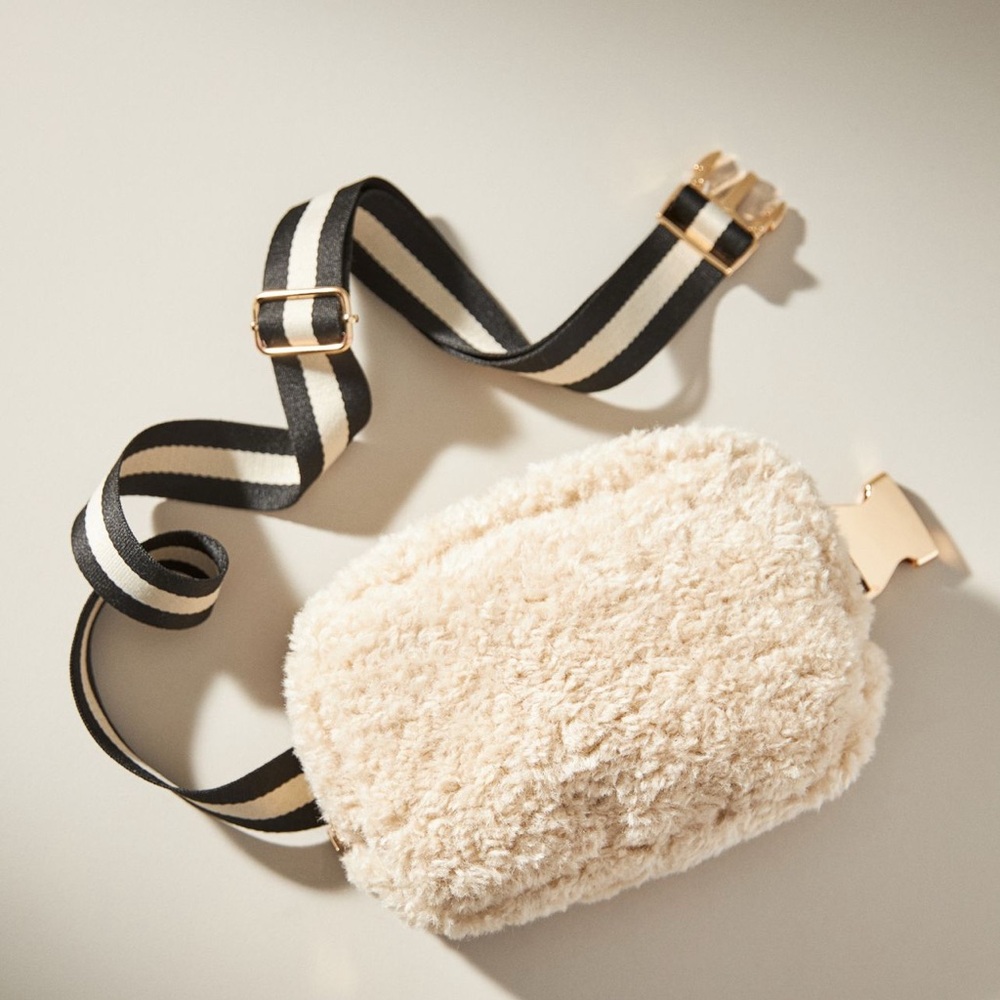Anthropologie Ivory Sherpa Belt Bag with Adjustable Striped Strap